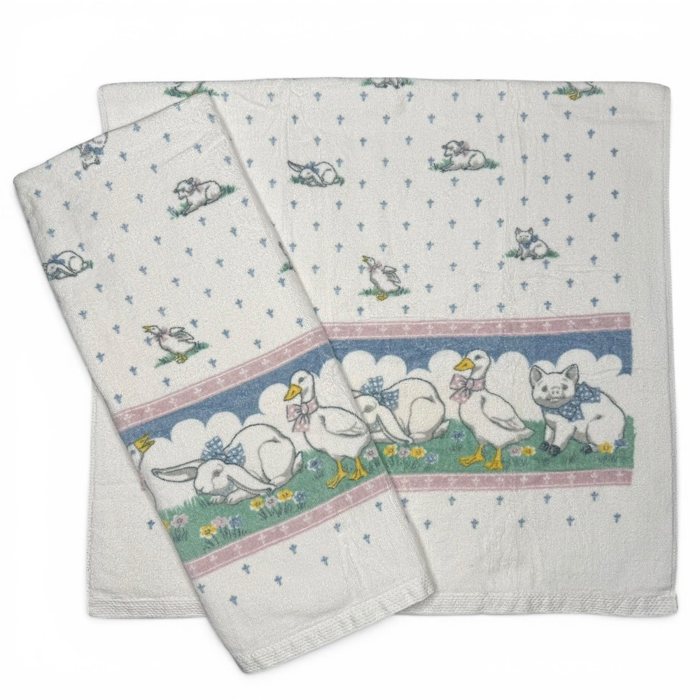 Vintage Pair Fieldcrest Howard Kaplans French Country Farm Animal Bath Towel Set